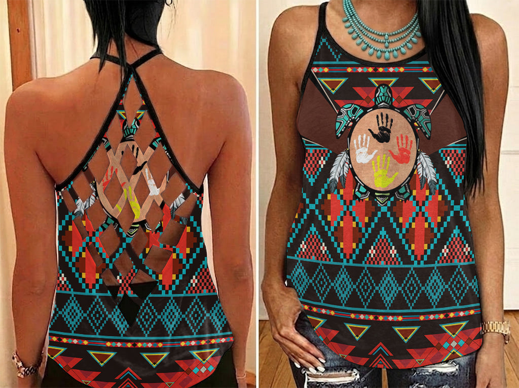 GB-HW0011429 Turtle Native American Criss-Cross Open Back Tank Top