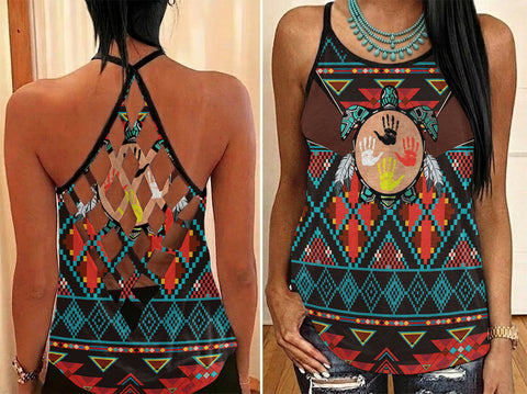 GB-HW0011429 Turtle Native American Criss-Cross Open Back Tank Top