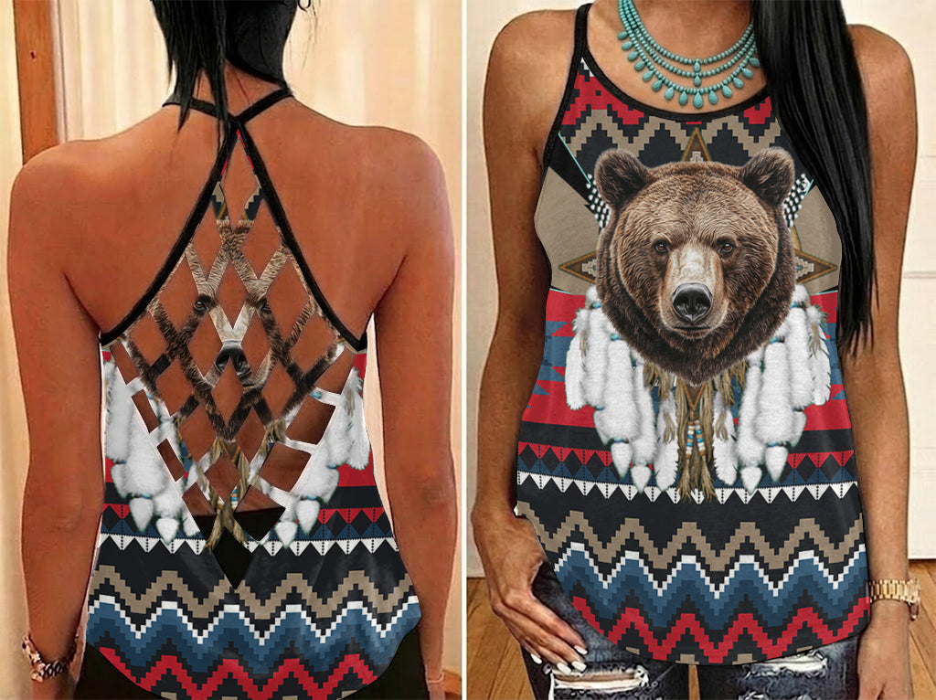 GB-HW0011431 Bear Native American Criss-Cross Open Back Tank Top