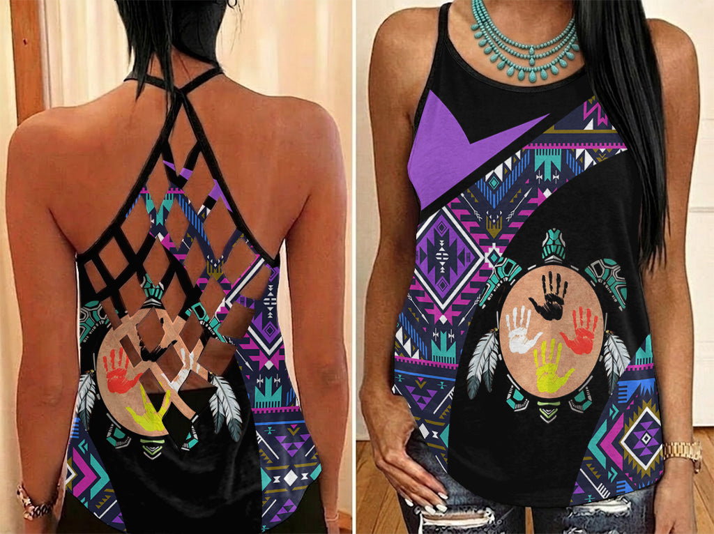 GB-HW0011517 Tribe Turtle Native American Criss-Cross Open Back Tank Top