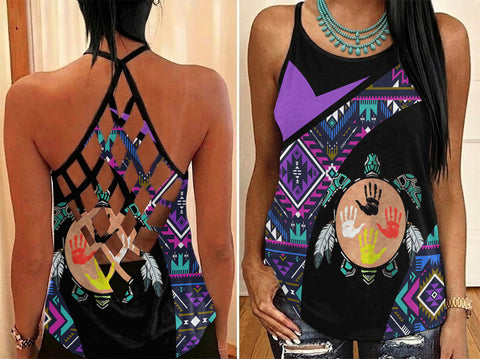 GB-HW0011517 Tribe Turtle Native American Criss-Cross Open Back Tank Top