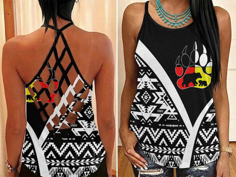 GB-HW0011546 Mama Bear Native American Criss-Cross Open Back Tank Top