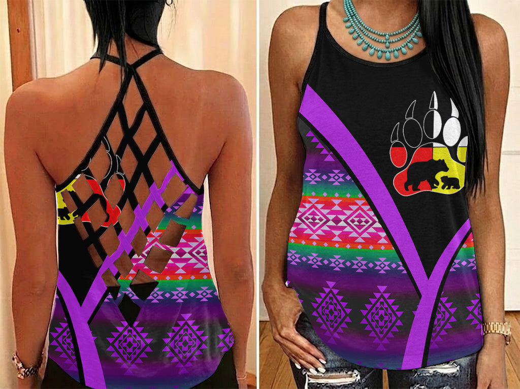 GB-HW0011554 Mama Bear Native American Criss-Cross Open Back Tank Top