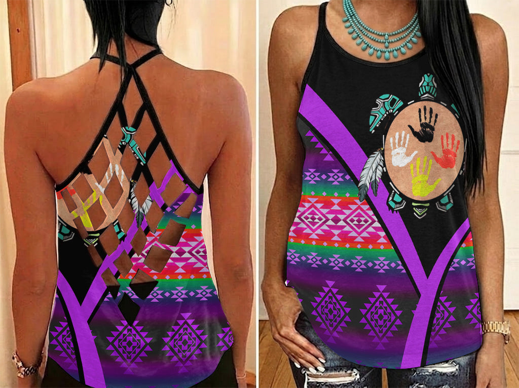 GB-HW0011555 Tribe Turtle Native American Criss-Cross Open Back Tank Top
