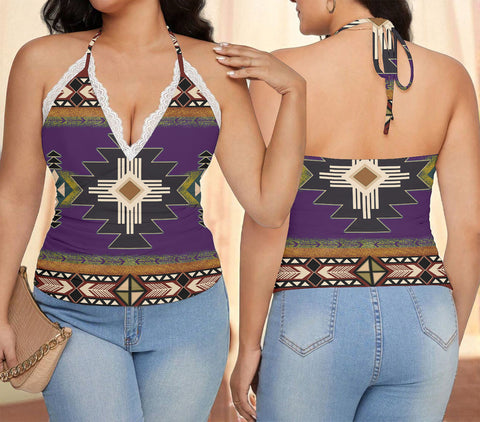 GB-NAT0001-04 Native American Women Lace-Trimmed Tie-Back Top