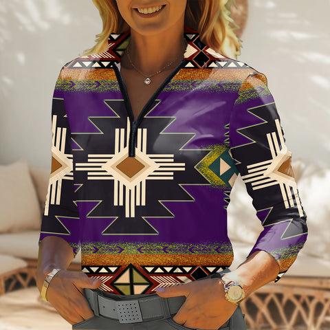 GB-NAT0001-04 Native American Women Quarter-Zip Long Sleeve Top
