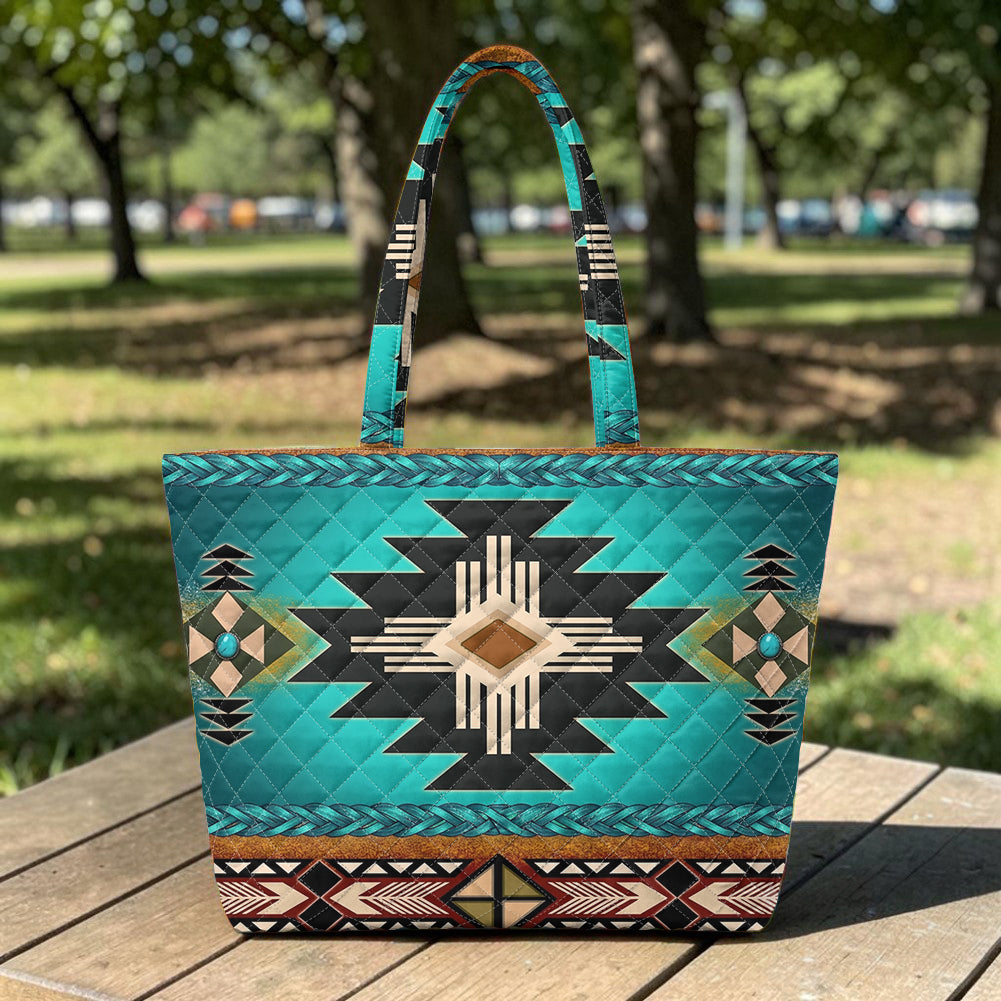 GB-NAT0001-04m1 Turquoise Native American Quilted Shoulder Tote Bag