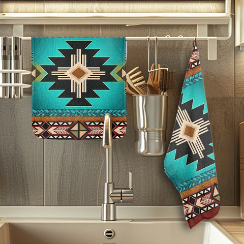 GB-NAT0001-04m1 Turquoise Southwest Native American Kitchen Dish Towel Set of 2