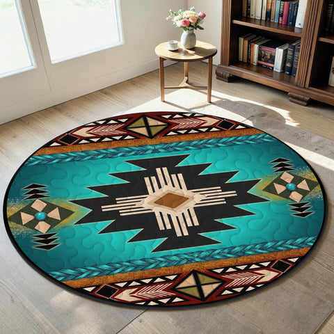Turquoise Southwest Round Quilt Native American-Inspired Area Rug – GB-NAT0001-04M1
