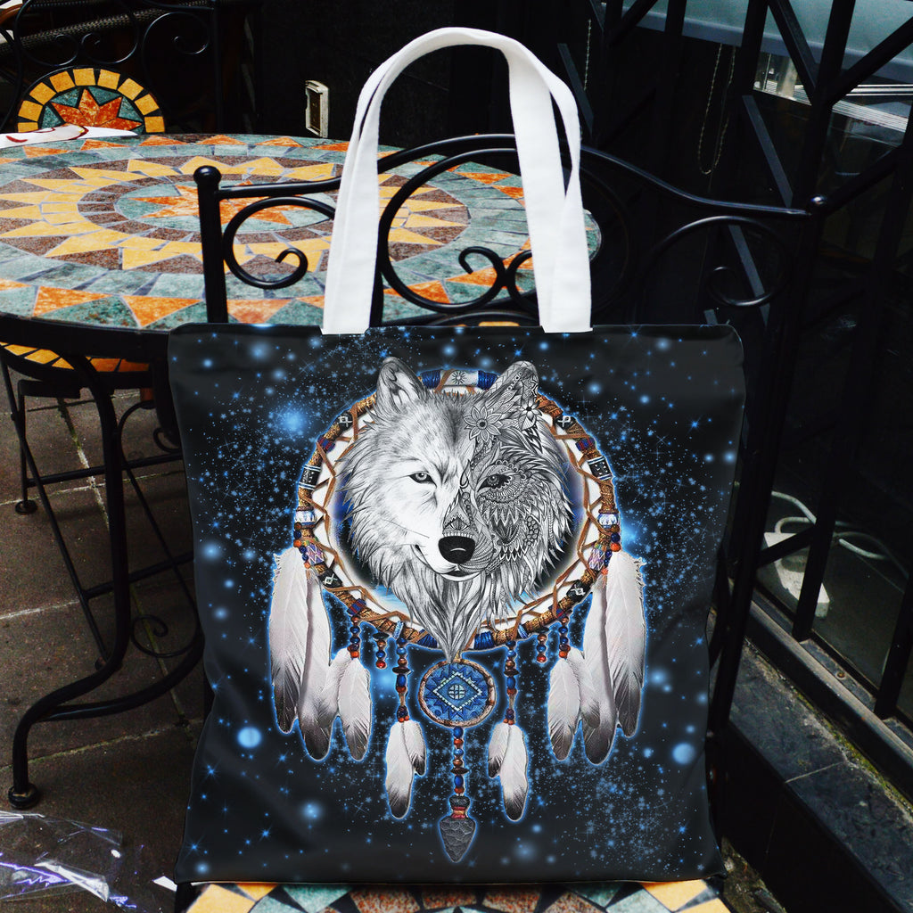 GB-NAT00010-02 Dream Catcher Wolf Native American Pocket Canvas Bag