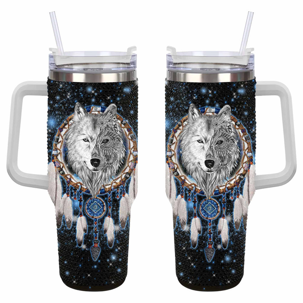 GB-NAT00010-02 Galaxy Dreamcatcher Wolf  Rhinestone Diamond 40oz Tumbler