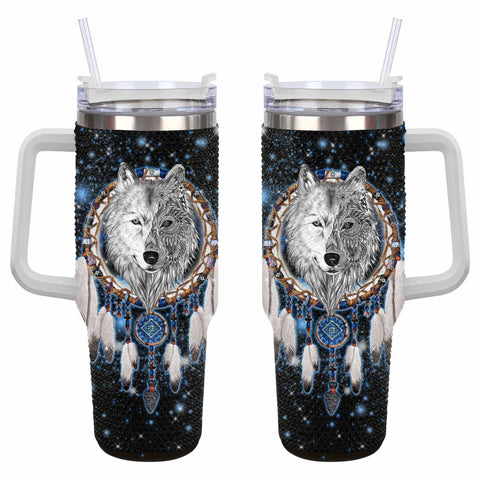 GB-NAT00010-02 Galaxy Dreamcatcher Wolf  Rhinestone Diamond 40oz Tumbler