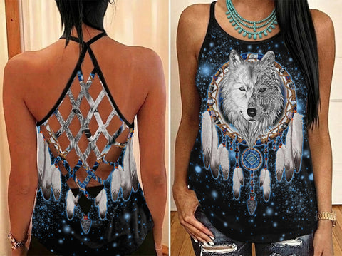 GB-NAT00010-02 Wolf Dreamcatcher Native American Criss-Cross Open Back Tank Top