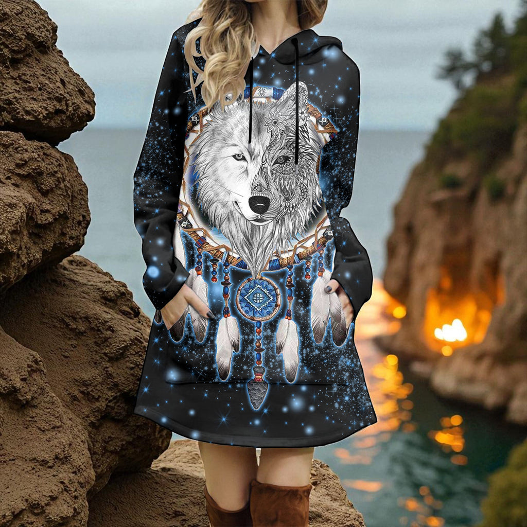 GB-NAT00010-02 Wolf Native American Women Longline Hoodie Dress