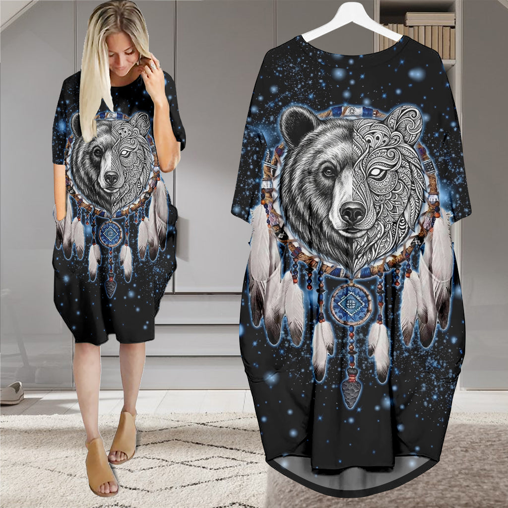 GB-NAT00010-02v3 Bear Dreamcatcher Native American Batwing Pocket Dress