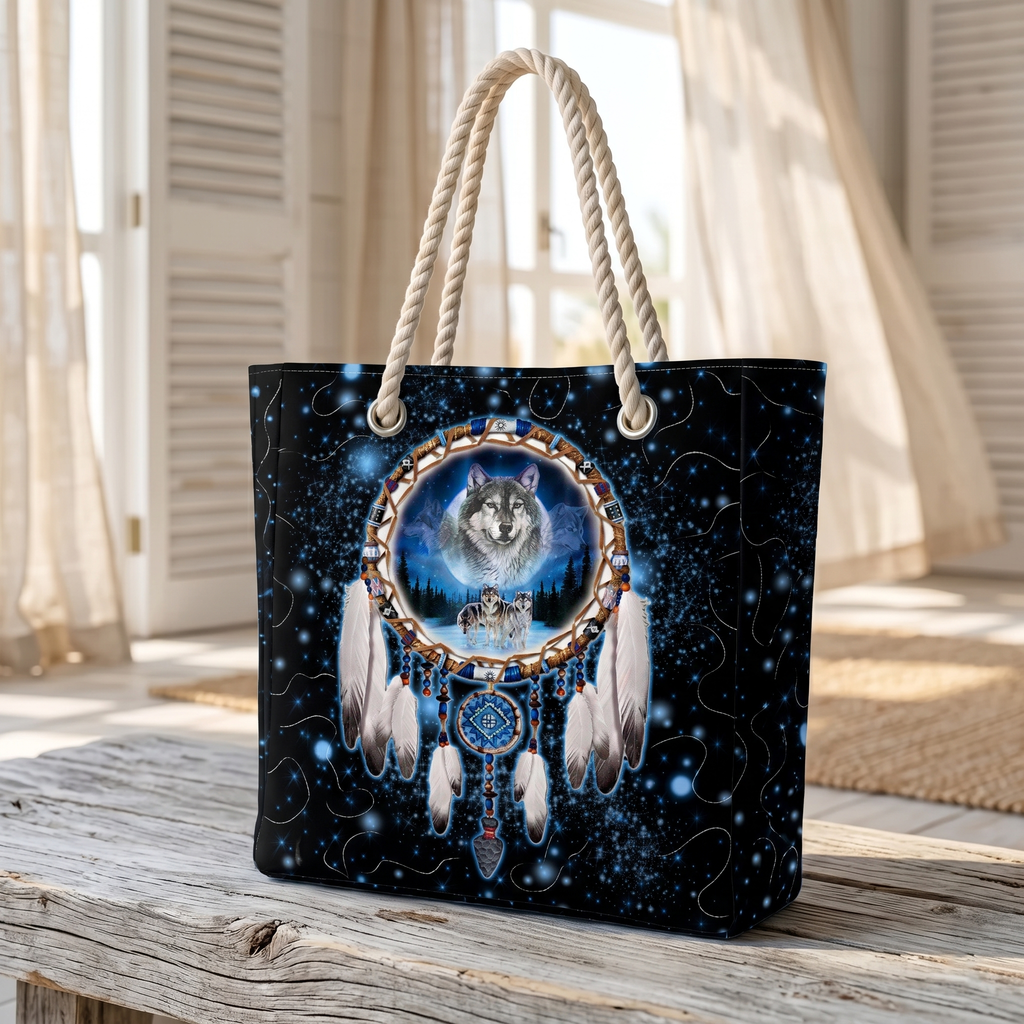 GB-NAT00010 Dreamcatcher Wolf Native American Quilted Beach Bag