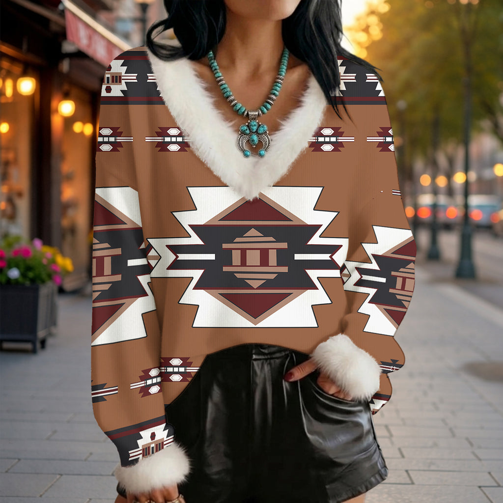 GB-NAT00012 Native American Faux Knit V-Neck Sweater Top with Fur Trim