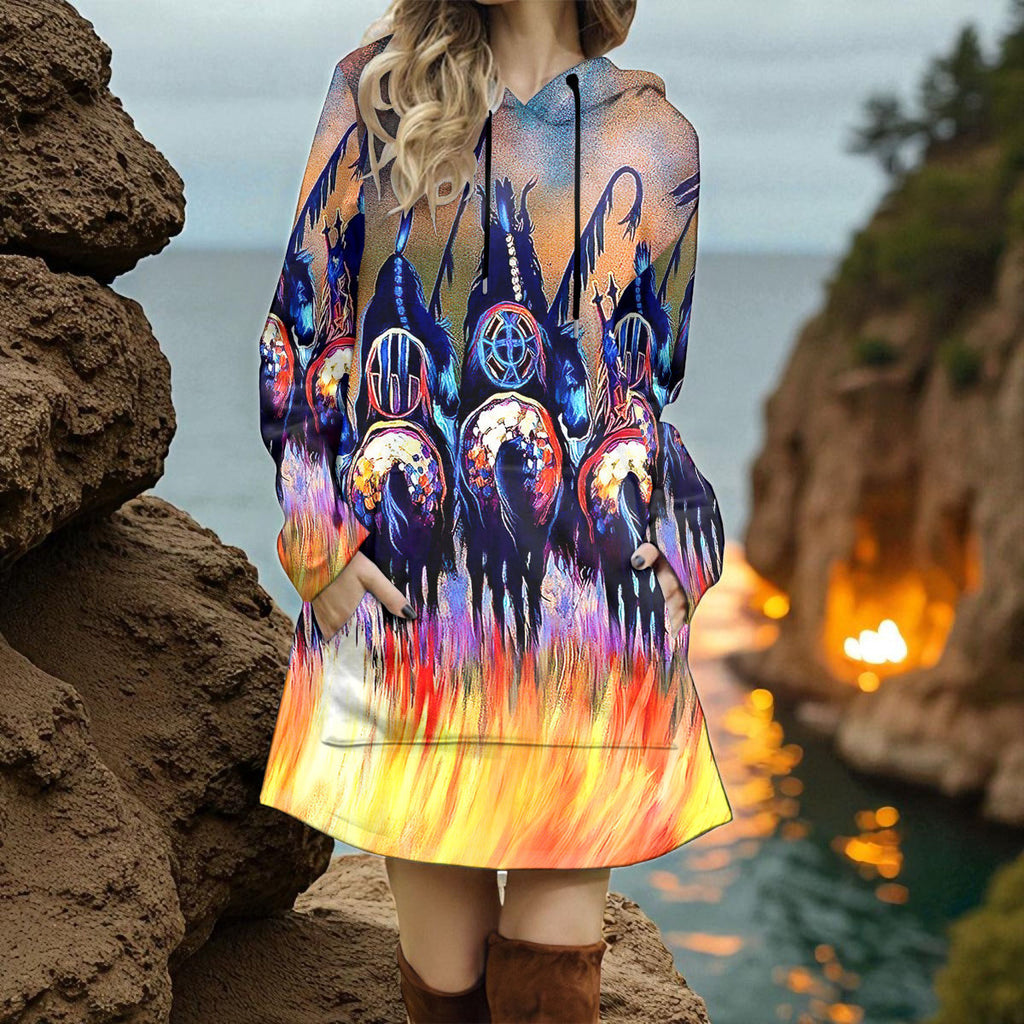 GB-NAT00013 Chief Native American Women Longline Hoodie Dress