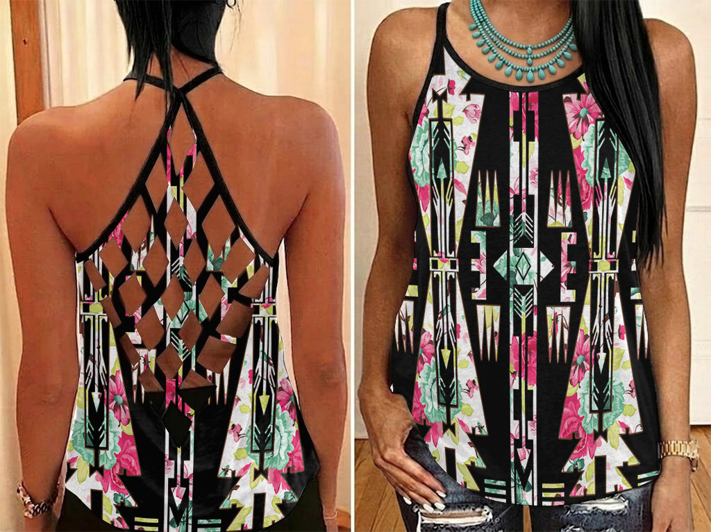 GB-NAT00017 Floral Native American Criss-Cross Open Back Tank Top