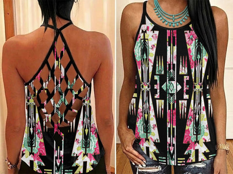 GB-NAT00017 Floral Native American Criss-Cross Open Back Tank Top