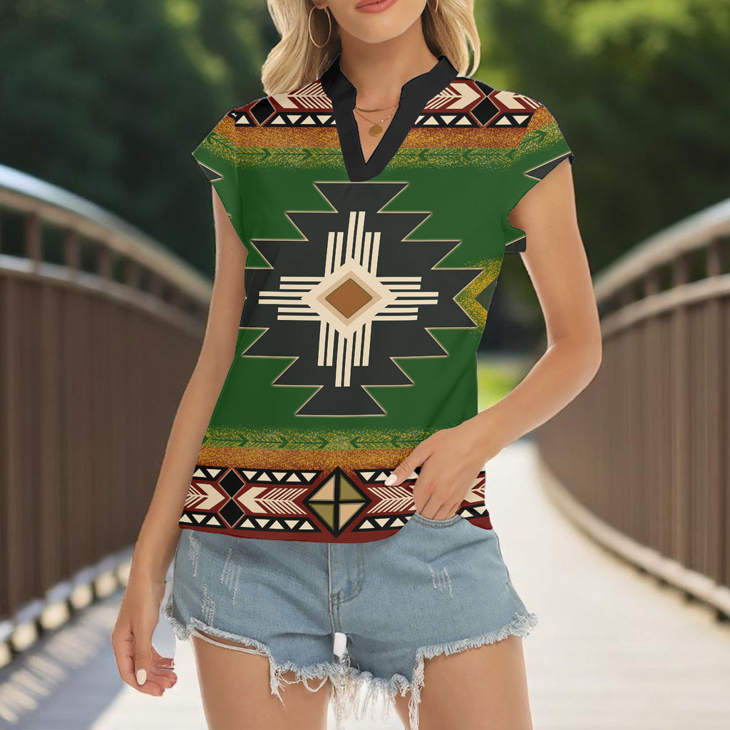 GB-NAT0001 Native American Women Stacked V-neck Short Sleeve Blouse