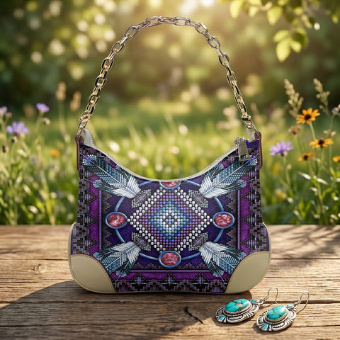 GB-NAT00023-03 Feather Native American PU Leather Chain Shoulder Bag