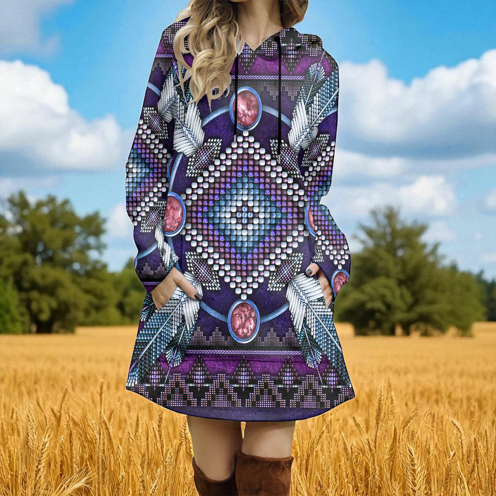 GB-NAT00023-03 Native American Women Longline Hoodie Dress