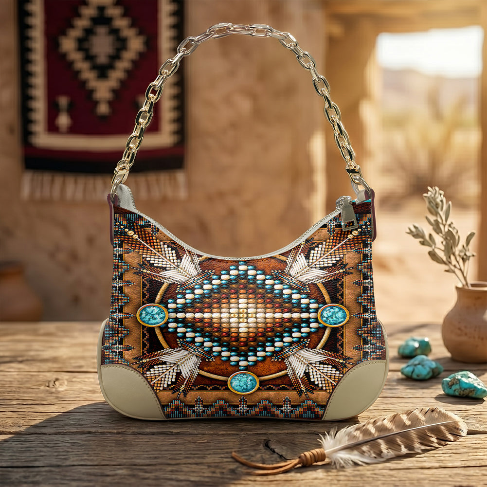 GB-NAT00023-04 Feather Native American PU Leather Chain Shoulder Bag