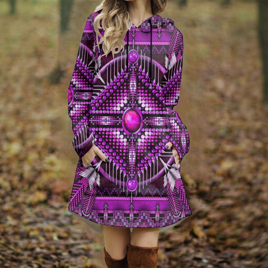 GB-NAT00023-05 Feather Native American Women Longline Hoodie Dress