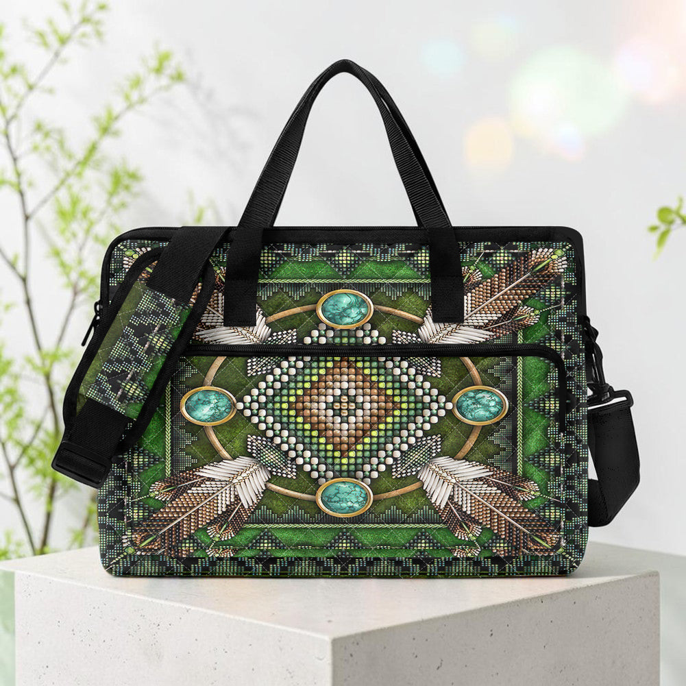 GB-NAT00023 Green Feather Native American Quilted Computer Bag