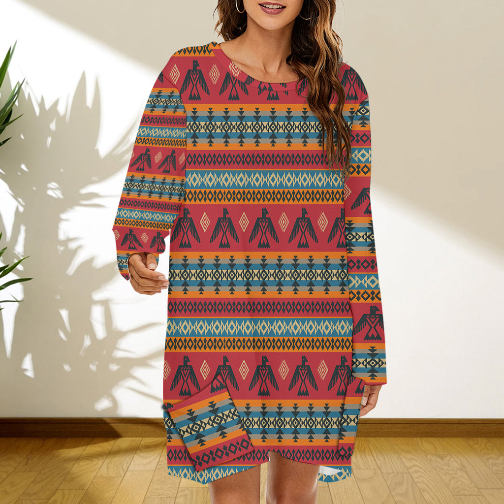 GB-NAT00029 Pattern Native American Women Loose Crew Neck Dress