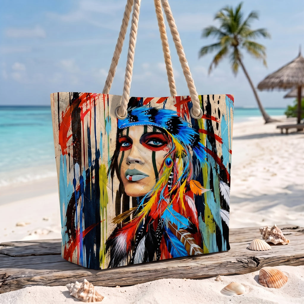 GB-NAT00036 Woman Native American Quilted Beach Bag