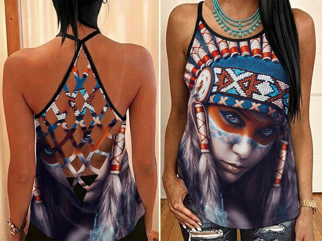 GB-NAT00038 Woman Native American Criss-Cross Open Back Tank Top