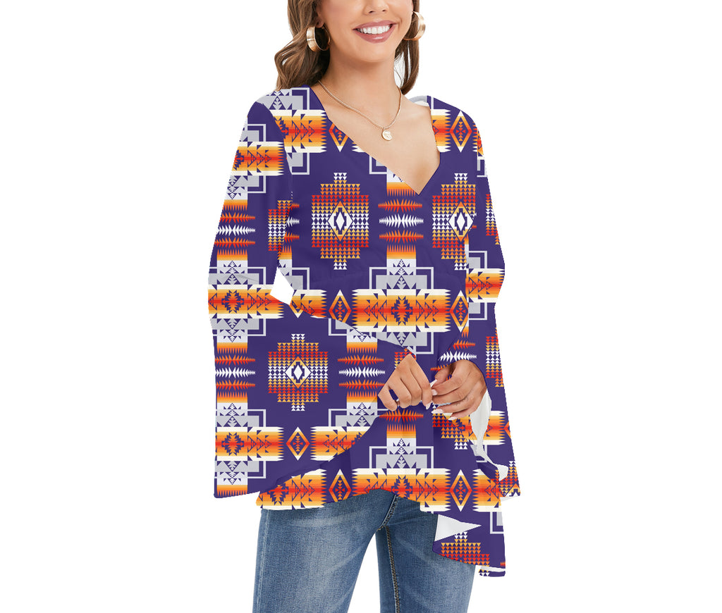 GB-NAT0004-01 Tribe Design Native Women's V-neck Blouse With Flared Sleeves