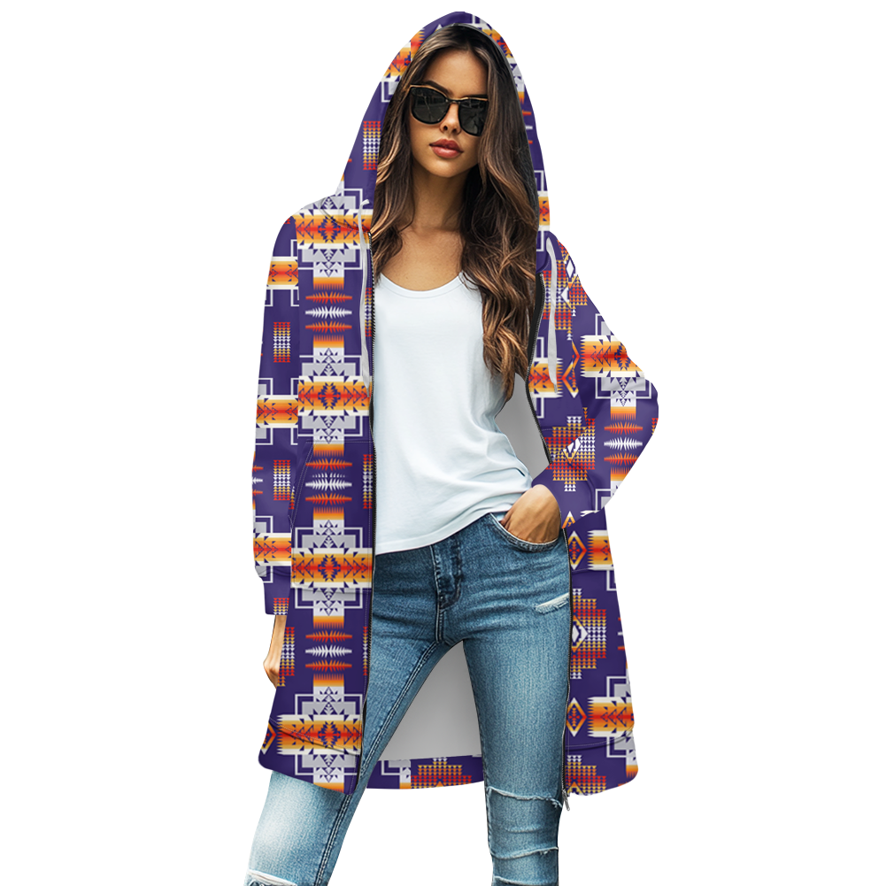 GB-NAT0004-01  Blue Tribes Native Women's Mid-Length Hooded Sweatshirt Cardigan