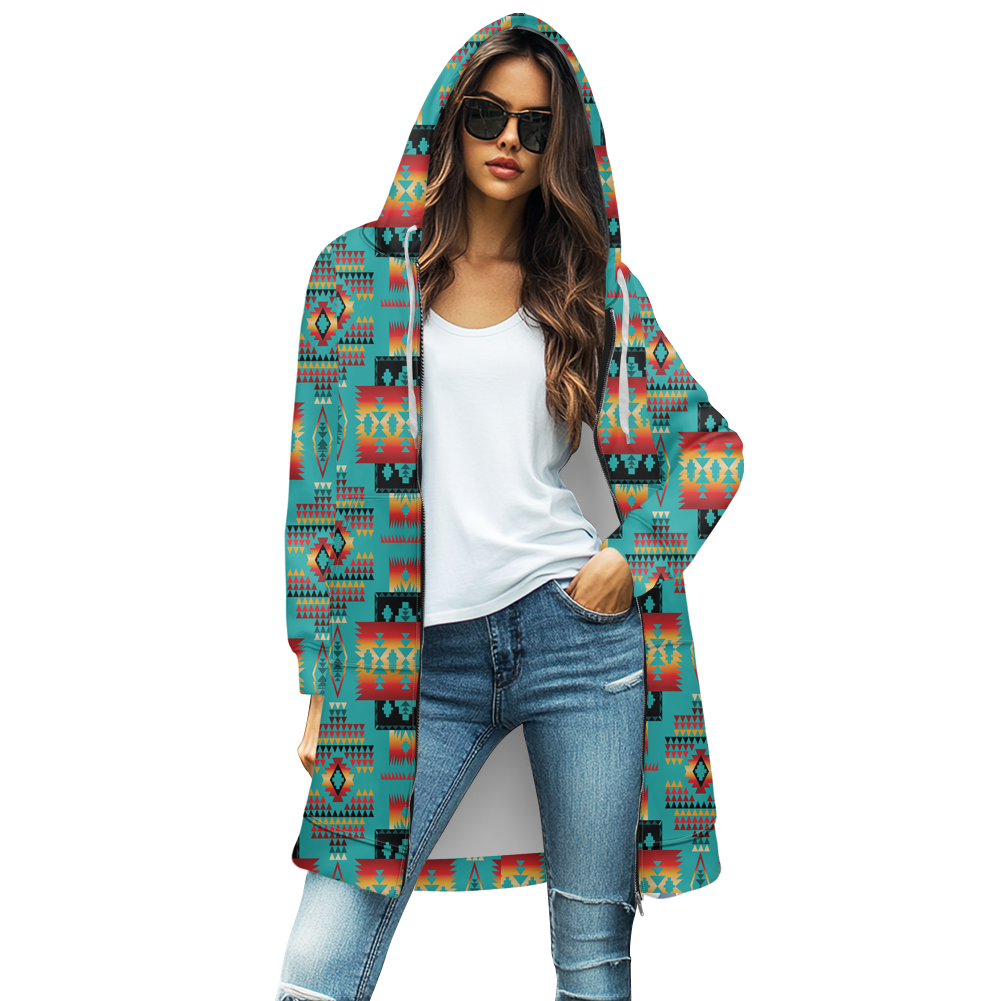 GB-NAT00046-01 Blue Tribes Native Women's Mid-Length Hooded Sweatshirt Cardigan