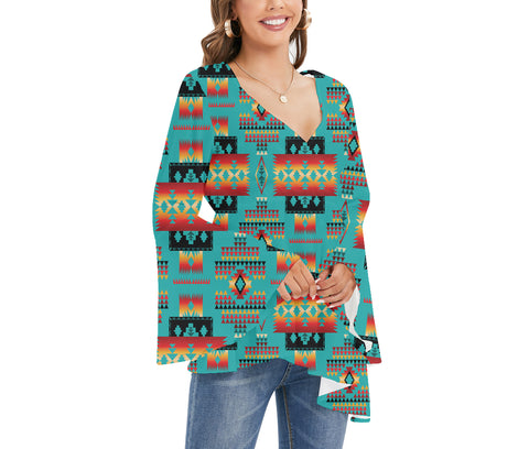 GB-NAT00046-01 Tribe Design Native Women's V-neck Blouse With Flared Sleeves