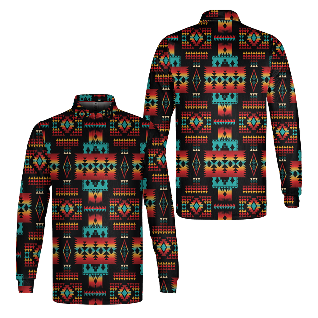 GB-NAT00046-02 Black Tribes Native American Long Sleeve Polo Shirt