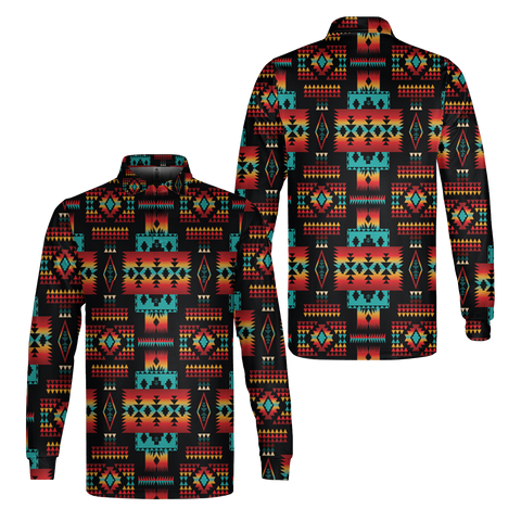 GB-NAT00046-02 Black Tribes Native American Long Sleeve Polo Shirt