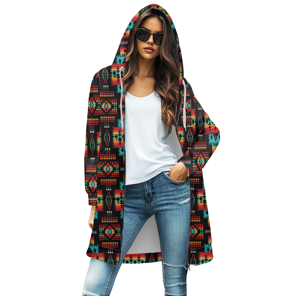 GB-NAT00046-02  Blue Tribes Native Women's Mid-Length Hooded Sweatshirt Cardigan