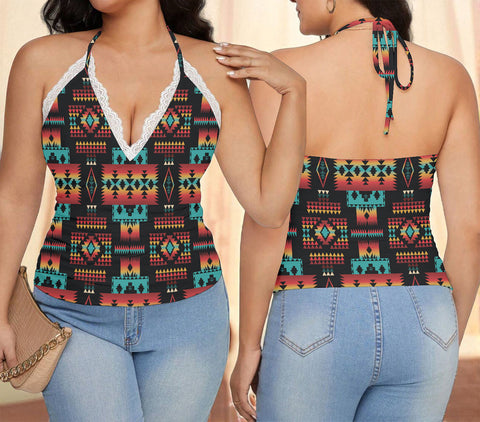 GB-NAT00046-02 Native American Women Lace-Trimmed Tie-Back Top