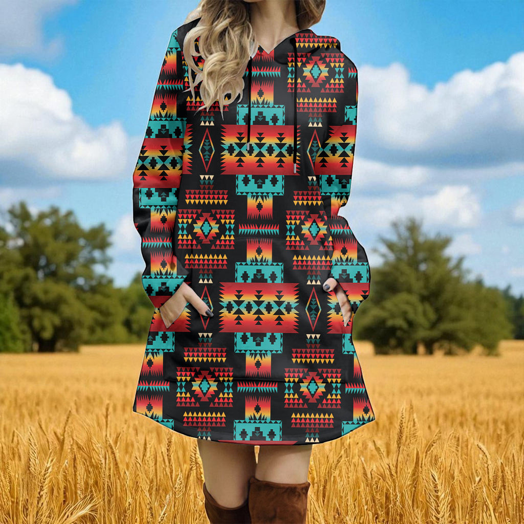 GB-NAT00046-02 Native American Women Longline Hoodie Dress