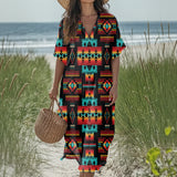 GB-NAT00046-02 Native American Women Loose V-Neck Summer Dress