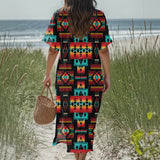 GB-NAT00046-02 Native American Women Loose V-Neck Summer Dress