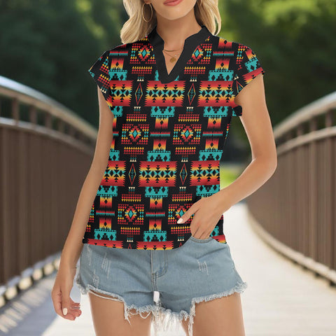 GB-NAT00046-02 Native American Women Stacked V-neck Short Sleeve Blouse