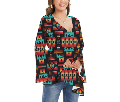 GB-NAT00046-02 Tribe Design Native Women's V-neck Blouse With Flared Sleeves