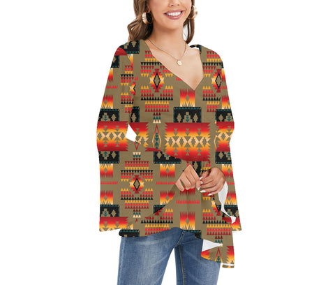 GB-NAT00046-04 Tribe Design Native Women's V-neck Blouse With Flared Sleeves