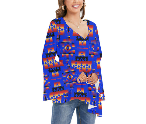 GB-NAT00046-06 Tribe Design Native Women's V-neck Blouse With Flared Sleeves