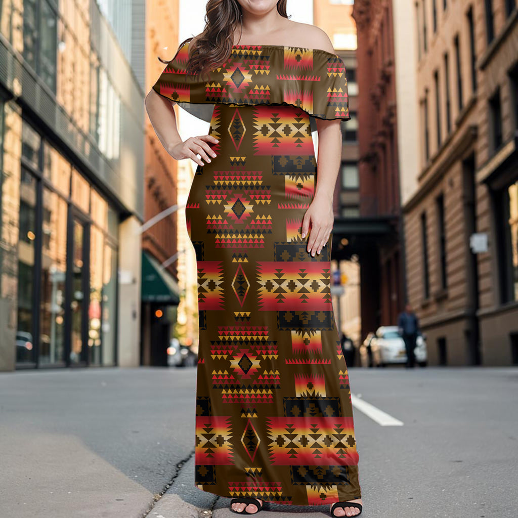 GB-NAT00046-08 Native American Off Shoulder Ruffle Maxi Dress