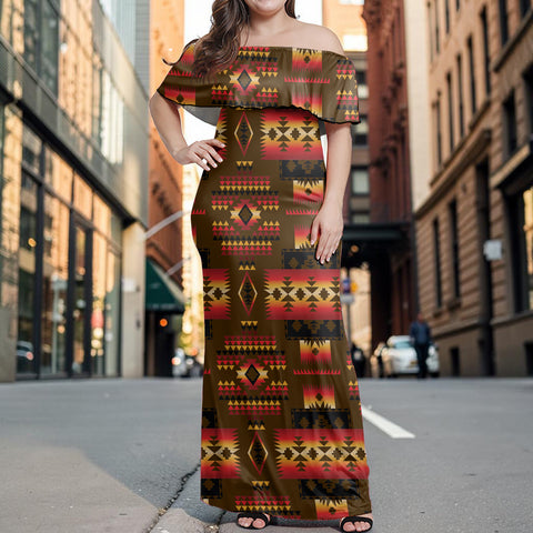 GB-NAT00046-08 Native American Off Shoulder Ruffle Maxi Dress